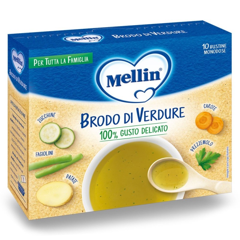 Mellin
brodo di verdure
100% gusto delicato
zucchine, fagioli, prezzemolo, carote.