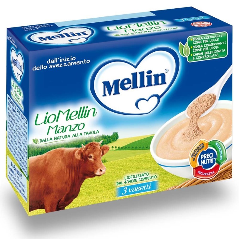 Mellin
LioMellin
liofilizzato
manzo
4 mesi+ (dall'inizio dello svezzamento)
confezione 3 vasetti da 10 g
