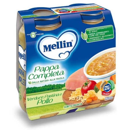 Mellin
pappa completa
verdura, pastina e pollo
subito pronta
6 mesi+
confezione 2 vasetti da 250 g