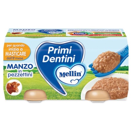 Mellin
primi dentini
manzo in pezzettini
8 mesi+ (per quando inizia a masticare)
confezione 2 vasetti da 80 g