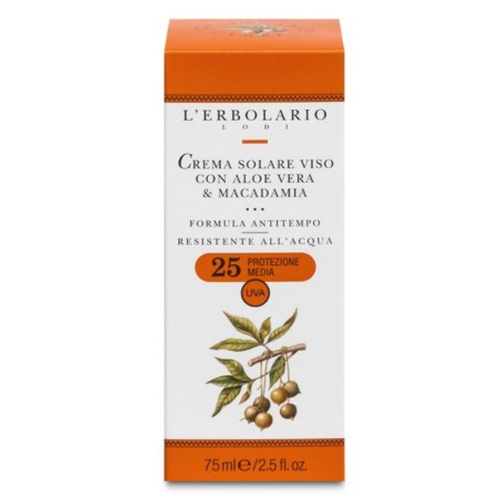 L'Erbolario
Crema solare viso
aloe vera & macadamia
SPF 25 protezione media
Tubo da 75 ml