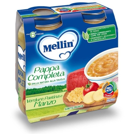 Mellin
pappa completa
Verdure, pastina e manzo
6 mesi+
confezione 2 vasetti da 250 g