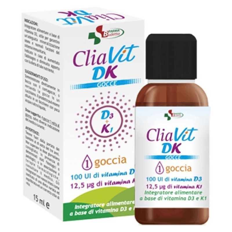 Cliavit DK
gocce
100 Ul di vitamina D3 | 12,5 μg di vitamina K1 Flaconcino da 15 ml