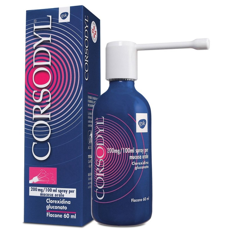 Corsodyl
200 mg/100 ml spray per mucosa orale
clorexidina gluconato
Flacone da 60 ml