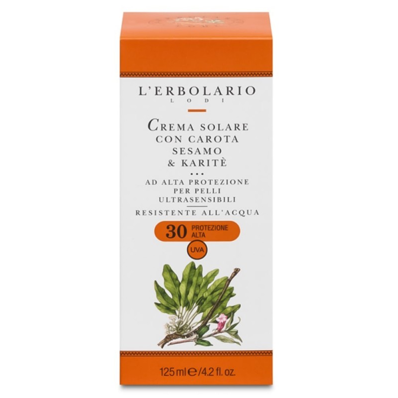 L'Erbolario
Crema solare
con carota, sesamo & karitè
SPF 30 alte protezione
pelli ultrasensibili