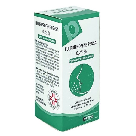 pensa
Flurbiprofene
0,25% spray per mucosa orale
uso orofaringeo
flaconcino spray da 15 ml