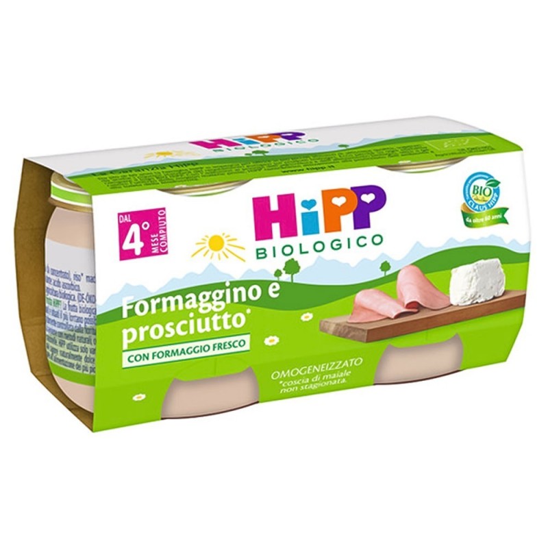 Hipp biologico
omogeneizzato
formaggino e prosciutto cotto
dal 4° mese compiuto
confezione 2 vasetti da 80 g