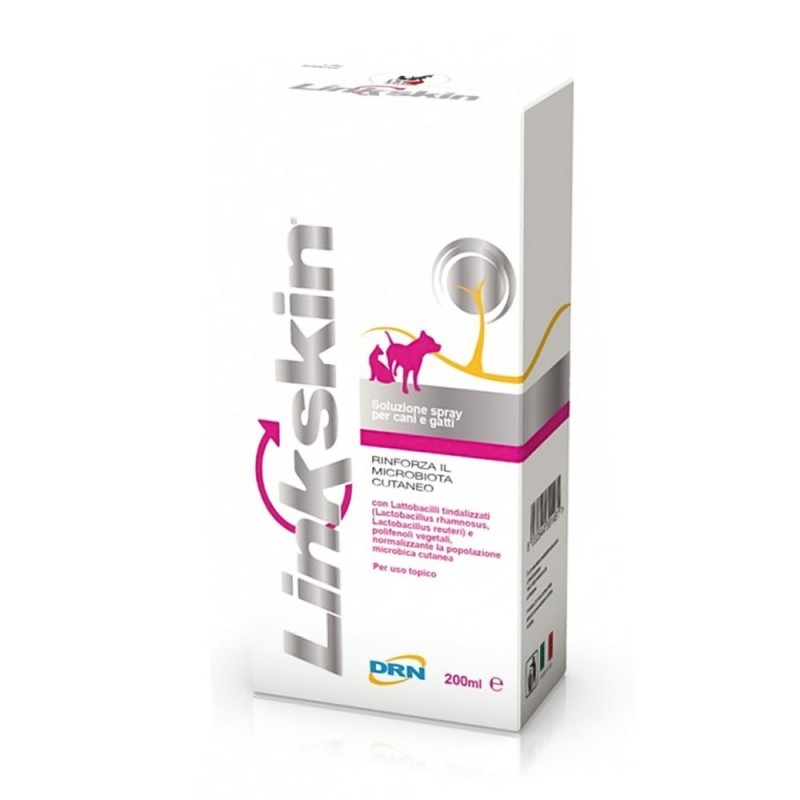 Linkskin
soluzione spray per cani e gatti
rinforza il microbiota cutaneo
per uso topico
Flacone spray 200 ml