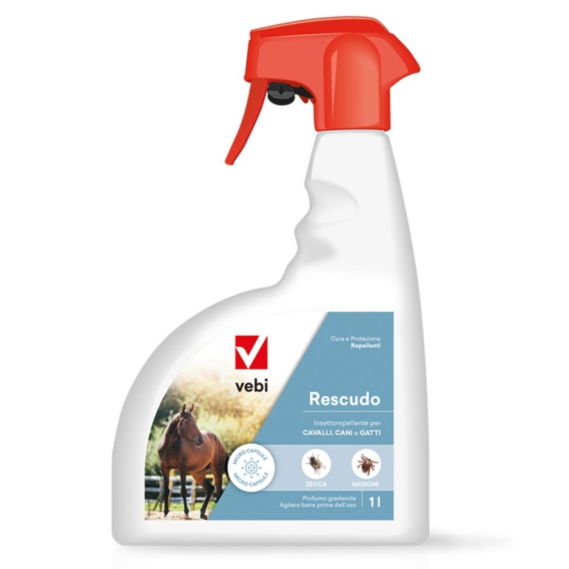 Vebi
Rescudo
Insettoreppelente per cavalli, cani e gatti.
Flacone spray da 1 litro