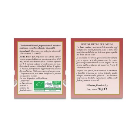 Erbamea
Rosa canina
Infuso realizzato con erbe biologiche di qualità
scatola 20 bustine filtro monodose