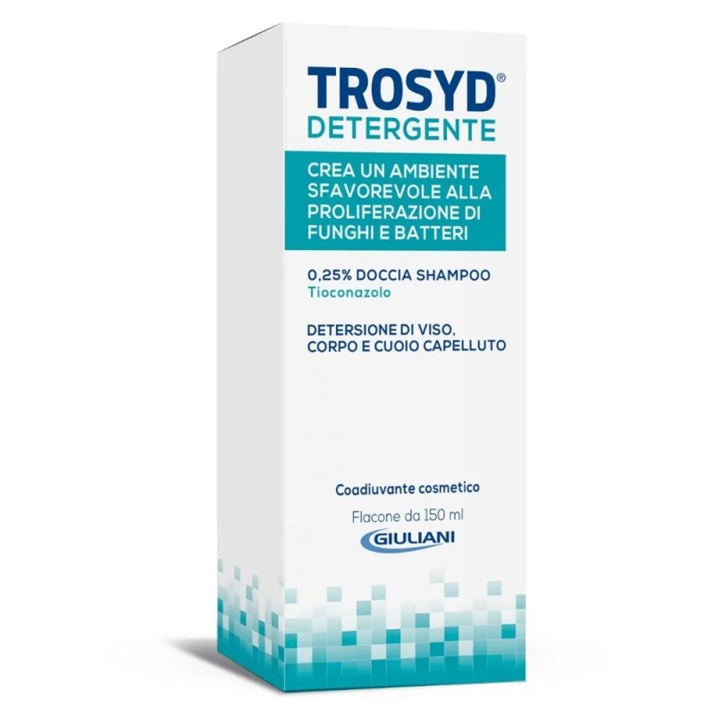 Trosyd
detergente
0,25% doccia shampoo
coadiuvante cosmetico
detersione viso, corpo e cuoio capelluto.