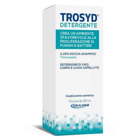 Trosyd
detergente
0,25% doccia shampoo
coadiuvante cosmetico
detersione viso, corpo e cuoio capelluto.