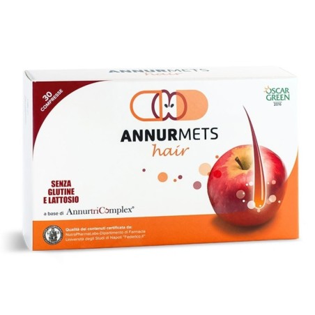 Annurmets
hair
a base di AnnurtriComplex
senza glutine e lattosio
scatola da 30 compresse