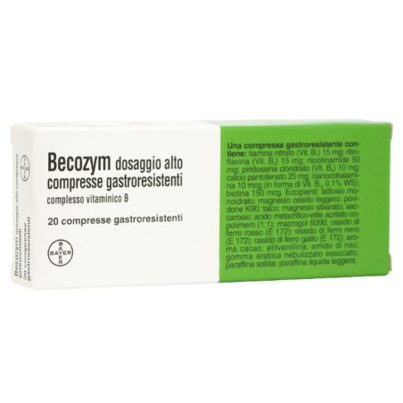 Becozym
dosaggio alto compresse gastroresistenti
complesso vitaminico B
scatola 20 compresse gastroresistenti