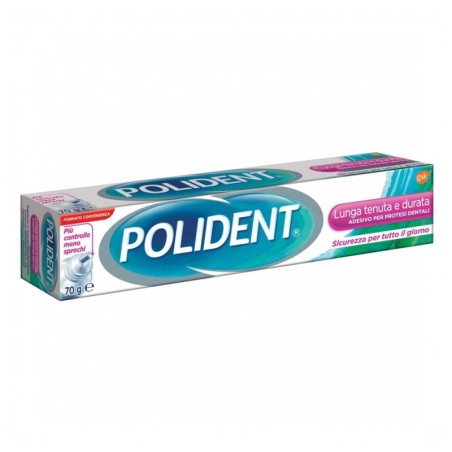Polident Lunga Tenuta e durata adesivo per protesi dentale 70 g Sicurezza per tutto il giorno, più controllo meno sprechi.