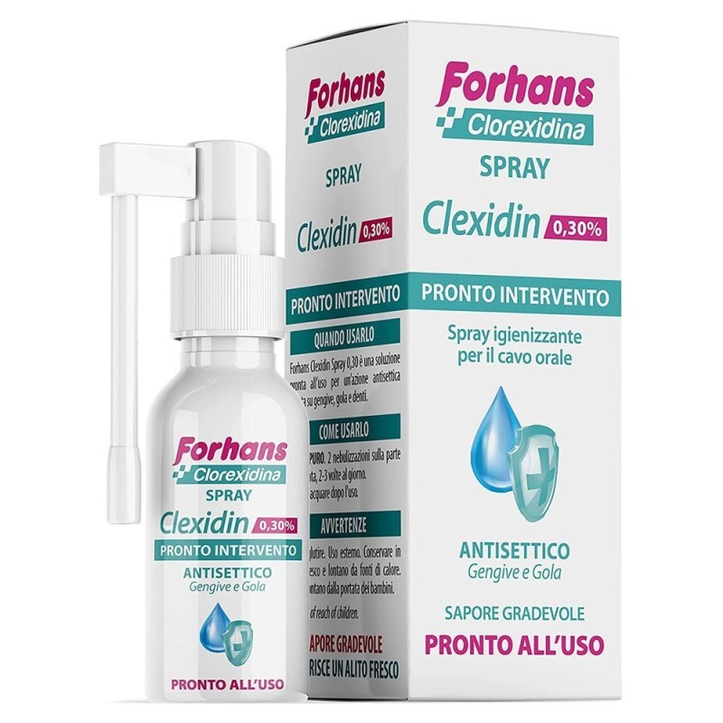 Forhans
clexidin 0,30%
clorexidina
pronto intervento, spray igienizzante per il cavo orale
