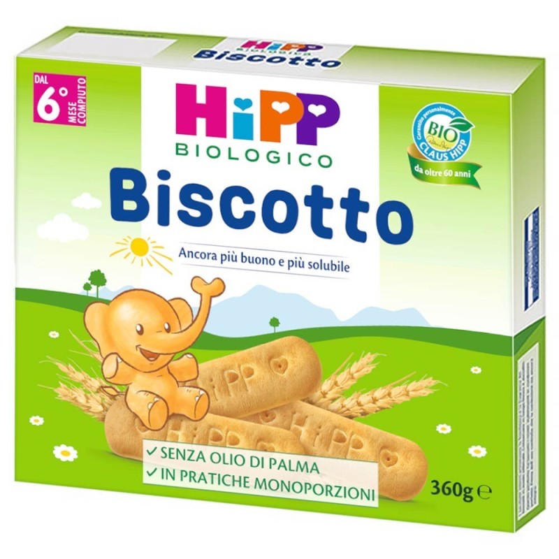 Hipp biologico
biscotto
ancora più buono e più solubile, senza olio di palma.
dal 6° mese compiuto