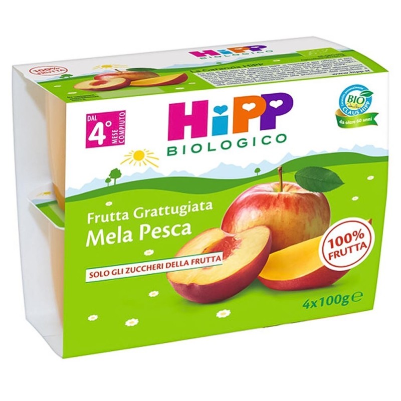 Hipp biologico
frutta grattugiata
mela e pesca
dal 4° mese compiuto
confezione 4 vasetti da 100 g