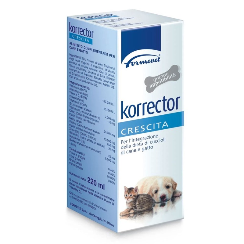 Korrector
crescita
per l'integrazione della dieta di cuccioli di cane e gatto
flacone da 220 ml