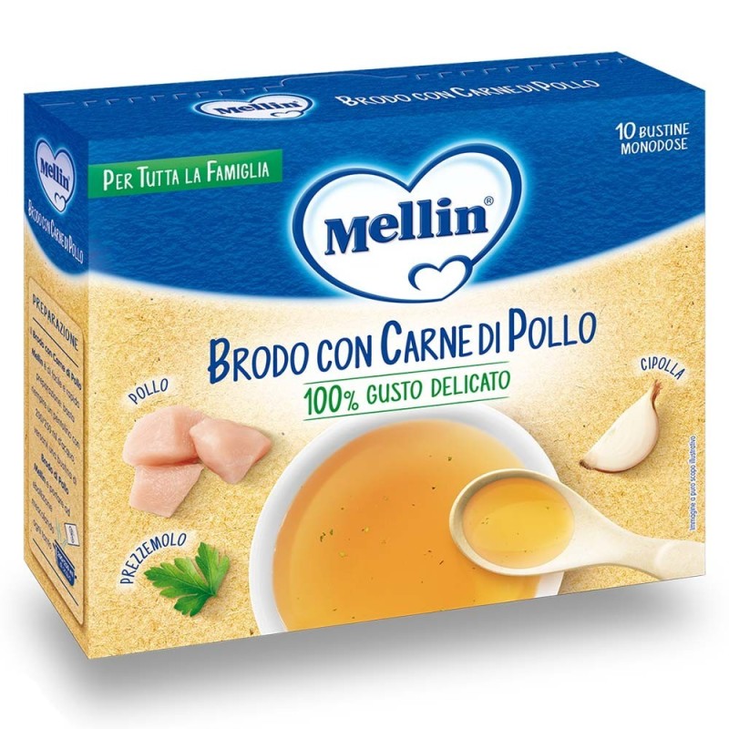 Mellin
brodo
con carne di pollo
100% gusto delicato, con cipolla e prezzemolo
per tutta la famiglia