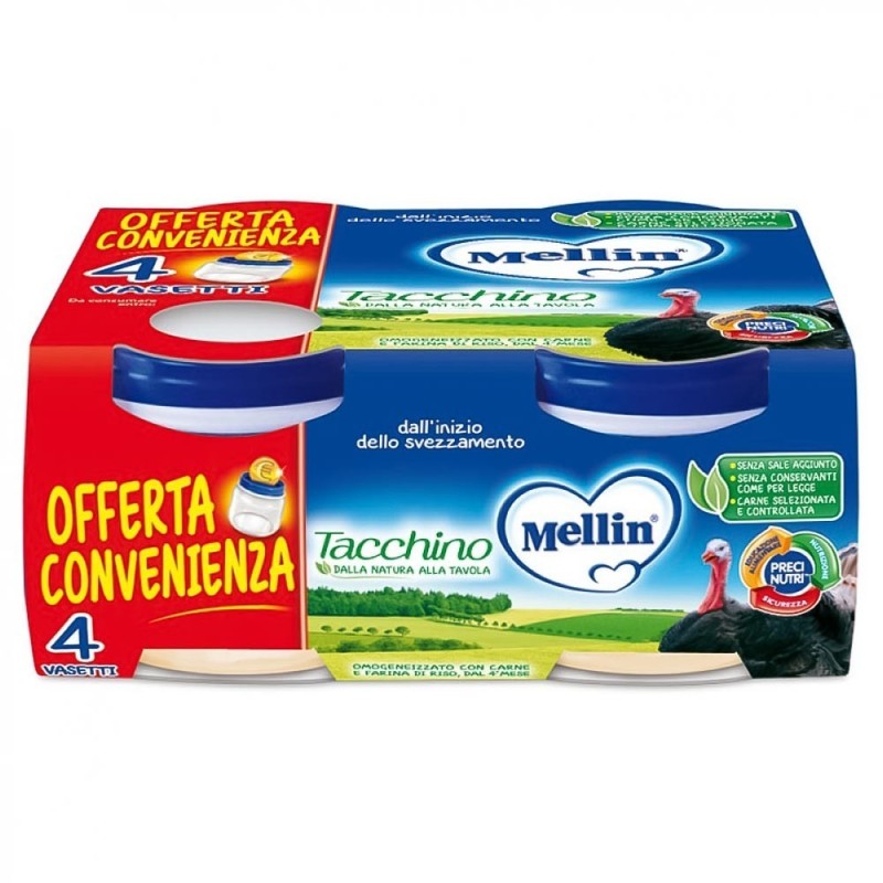 Mellin
omogeneizzato
tacchino
dall'inizio dello svezzamento (dal 4° mese)
confezione 4 vasetti da 80 g