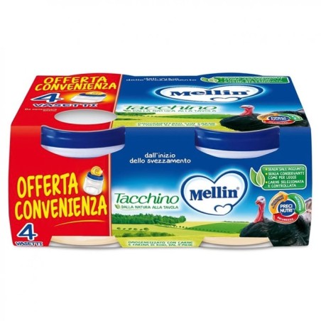 Mellin
omogeneizzato
tacchino
dall'inizio dello svezzamento (dal 4° mese)
confezione 4 vasetti da 80 g