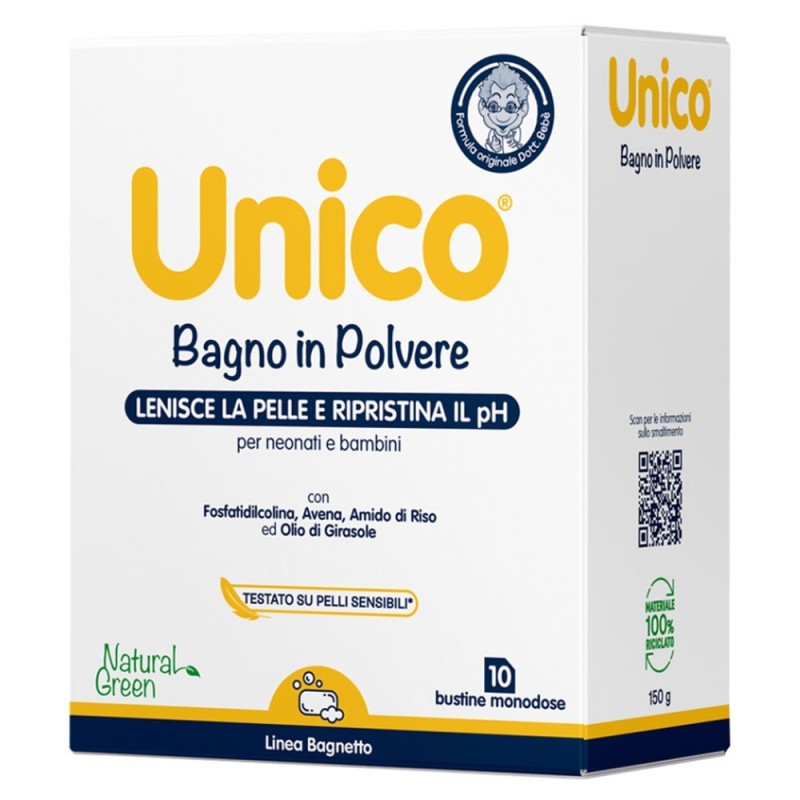 Unico
bagno in polvere
lenisce la pelle e ripristina il pH
per neonati e bambini