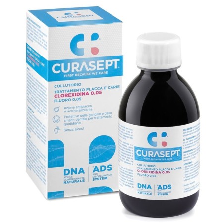 Curasept
ADS + DNA
collutorio
trattamento placca e carie
clorexidina 0.05
flacone da 200 ml
