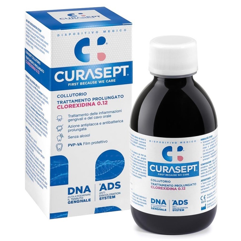 Curasept
ADS + DNA
collutorio
trattamento prolungato
clorexidina 0.12
flacone da 200 ml