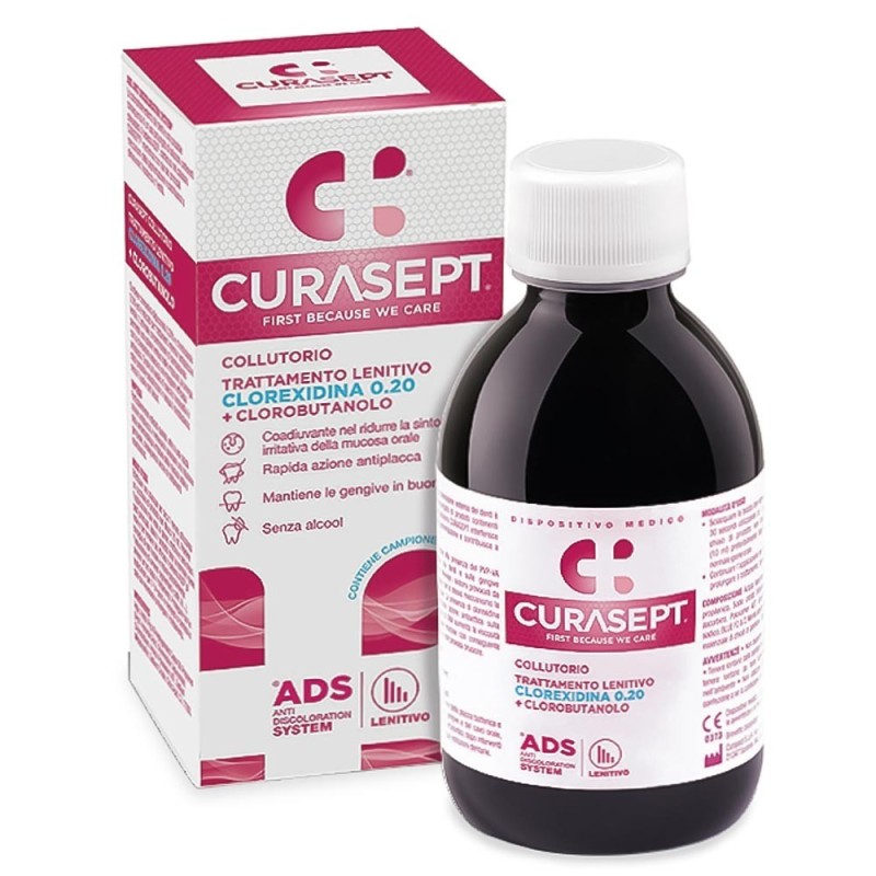 Curasept
ADS + DNA
collutorio
trattamento lenitivo
clorexidina 0.20 + clobutanolo
flacone da 200 ml