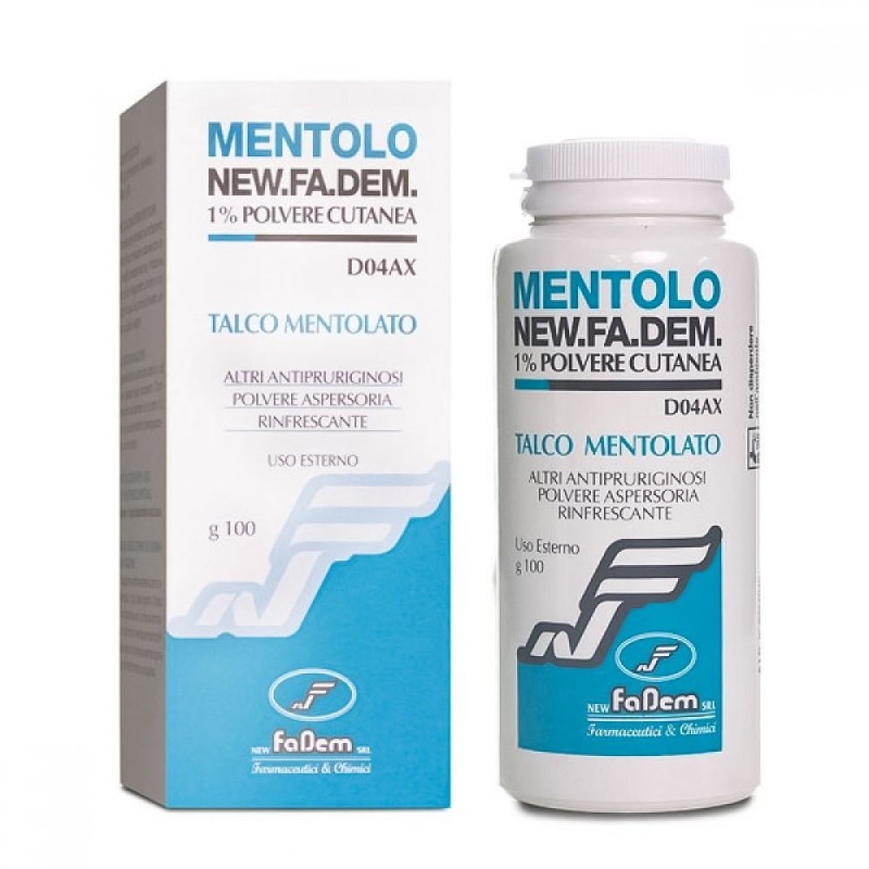 Mentolo
1% Polvere cutanea
Talco mentolato
Altri aintipruriginosi polvere aspersoria rinfrescante