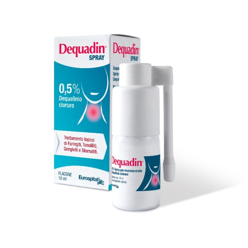 Dequadin
0,5% spray
dequalino cloruro
trattamento topico di faringiti, tonsilliti, gengiviti e stomatiti