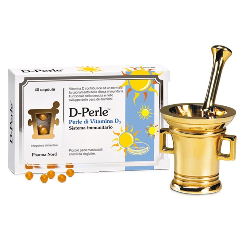 D-Perle
Perle di vitamina D3
sistema immunitario
scatola da 40 capsule (piccole perle masticabili e facili da deglutire)