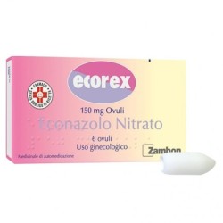 Ecorex
150 mg ovuli
econazolo nitrato
uso ginecologico
scatola da 6 ovuli vaginali