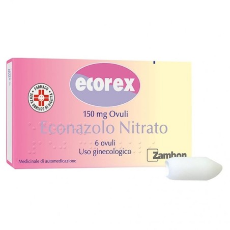 Ecorex
150 mg ovuli
econazolo nitrato
uso ginecologico
scatola da 6 ovuli vaginali