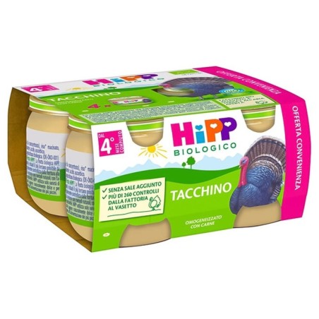 Hipp biologico
omogeneizzato
tacchino
dal 4° mese compiuto
confezione 4 vasetti da 80 g