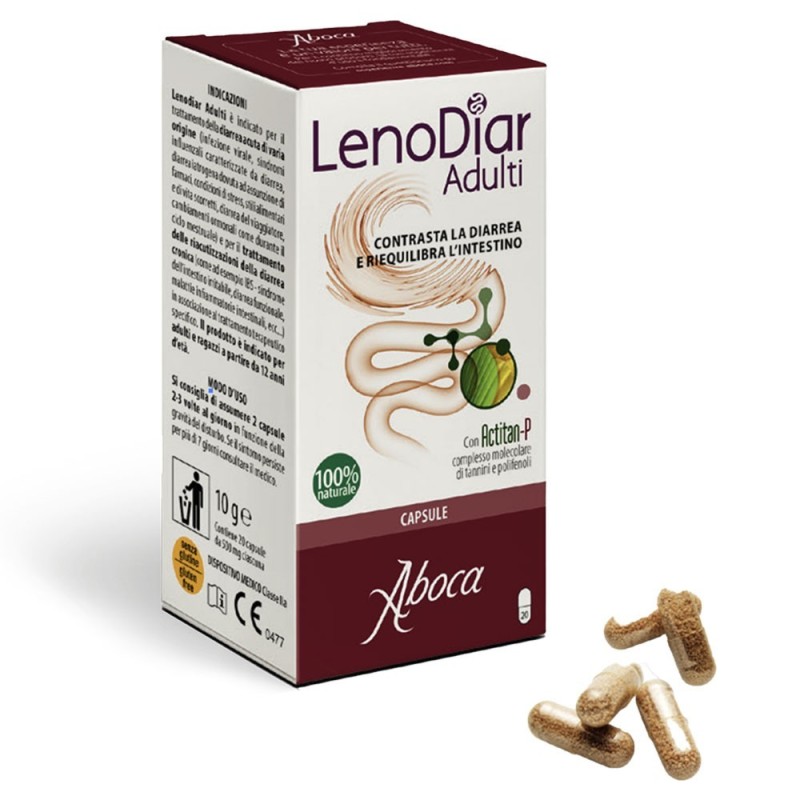 LenoDiar adulti
contrasta la diarrea e riequilibra l'intestino
100% naturale
confezione 20 capsule da 500mg ciascuna