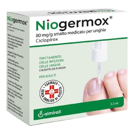 Niogermox
80 mg/g smalto medicato per unghie
ciclopirox
trattamento delle infezioni delle unghie causate da funghi