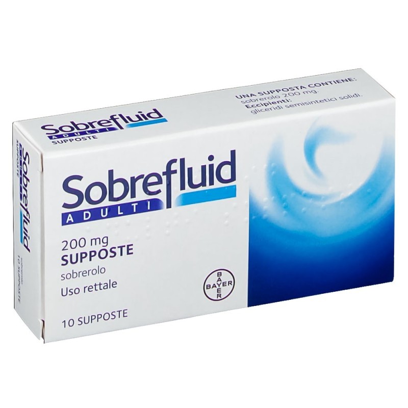 Sobrefluid
adulti
200 mg supposte
sobrerolo
uso rettale
scatola da 10 supposte