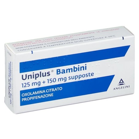 Uniplus
bambini
125 mg + 150 mg supposte
oxolamina citrato + propifenazone
scatola da 10 supposte