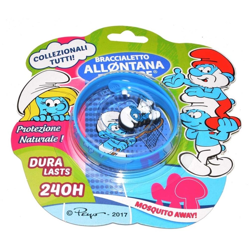 Braccialetto allontana zanzare
puffi
protezione naturale
durata 240 ore
blister 1 pezzo