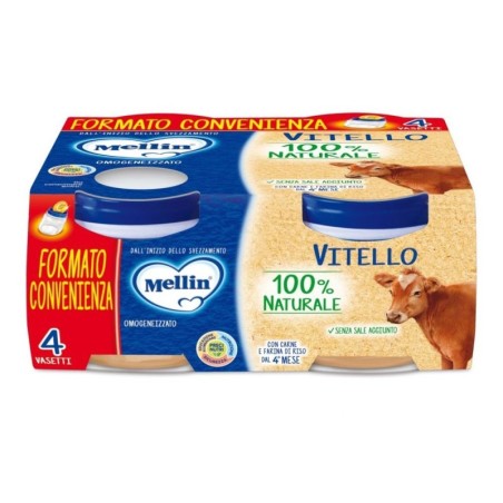 Mellin
Omogeneizzato
Vitello
100% naturale
4 mesi+
Confezione 4 vasetti 80 g
