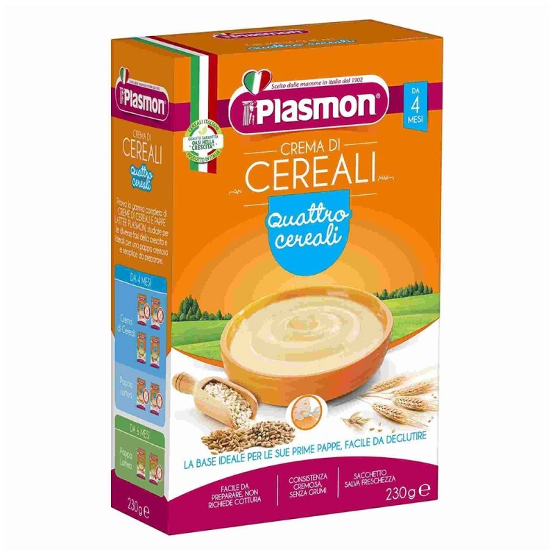 Plasmon Crema di cereali quattro cereali 4 mesi+ 230 g la base ideale per le sue prime pappe, facile da deglutire