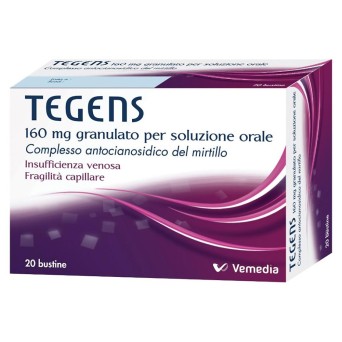 Tegens
160 mg granulato per soluzione orale
complesso antocianosidico del mirtillo
insufficienza venosa, fragilità capillare