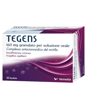 Tegens
160 mg granulato per soluzione orale
complesso antocianosidico del mirtillo
insufficienza venosa, fragilità capillare