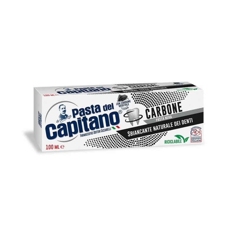 Pasta del capitano
carbone pasta nera
dentifricio
sbiancante naturale dei denti
con carbone vegetale attivo