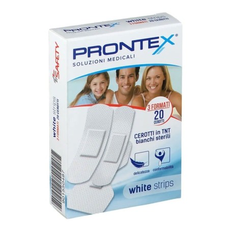Prontex
white strips
cerotti in TNT bianchi sterili
confezione da 20 pezzi assortiti (3 formati)