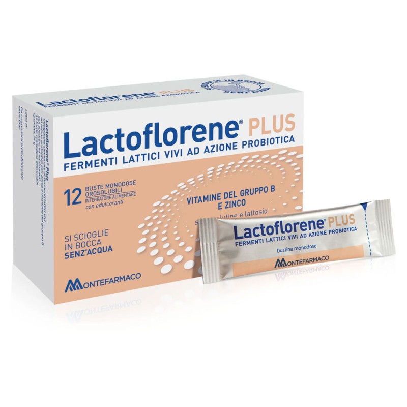 Lactoflorene Plus 12 sobres de fermentos lácticos vivos con acción probiótica y vitaminas del grupo B y zinc