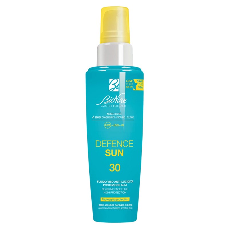 Bionike
Defence Sun
Fluido Anti-Lucidità
SPF 30 Protezione alta
Pelli sensibili normali e miste
Flacone da 50 ml