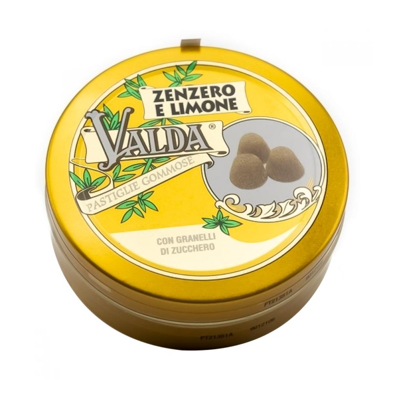 Valda
zenzero e limone
pastiglie gommose
con granelli di zucchero
confezione di latta 50 g